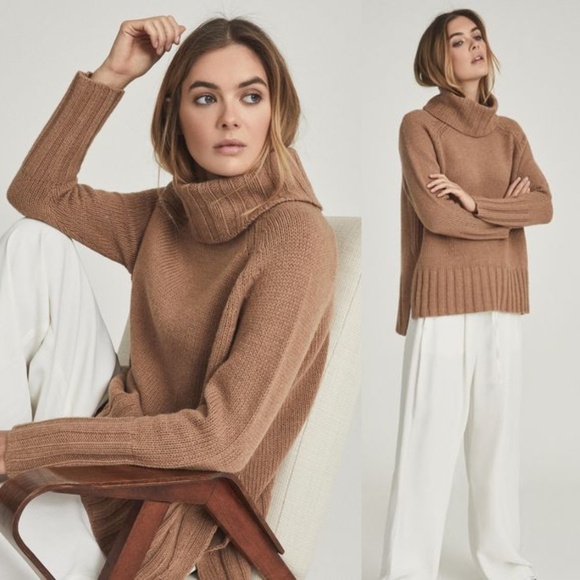 REISS Evelyn Turtleneck Sweater Wool Cashmere Roll Neck Camel Tan Brown Jumper - Picture 1 of 11